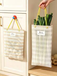 1pc Hanging Mesh Storage Bag, Striped Breathable Wall Organizer Pouch, Drawstring Grocery Holder For Kitchen, Reusable Mesh Tote Bag For Vegetables, Garlic And Ginger, Space Saving Wall Hanging Storage, Lightweight Home Kitchen Accessory - Multicolor - View 4