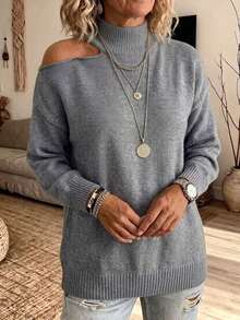 Plus-Size Women's Plush Knit Turtleneck Pullover Sweater With Asymmetric Cold-Shoulder Dropped Shoulder Design, A Must-Have For Autumn And Winter - Grey - View 6