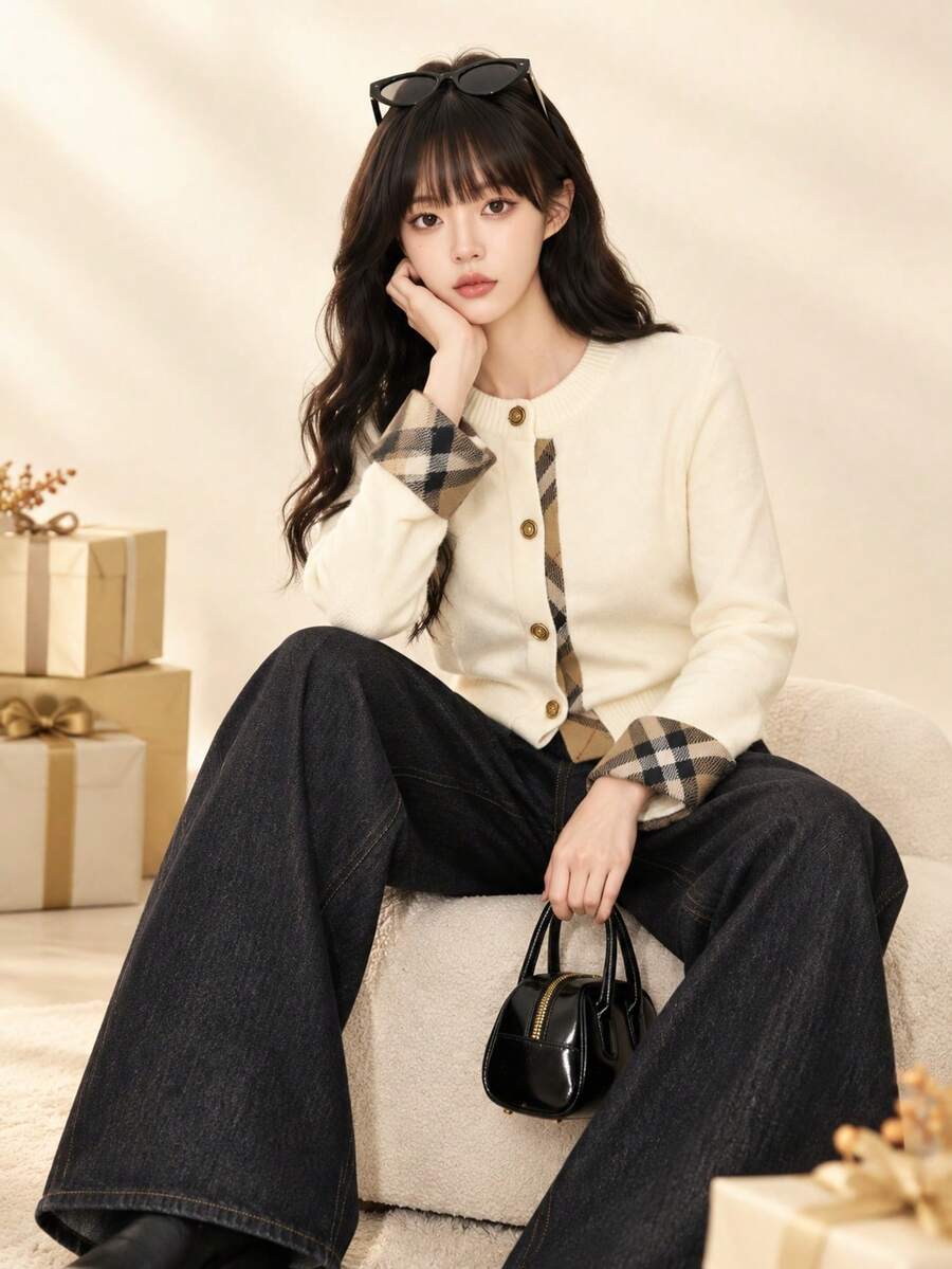 2026年春秋新款 韓国風 女性用ニットカーディガン 仮二層構造 グレーチェック柄 上品な雰囲気 着丈が短いデザイン 柔らかい素材 快適な着心地 - ホワイト - チェックする 1
