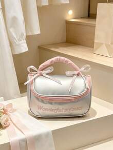 1pc Sweet Style Cosmetic Bag, Faux Leather Makeup Organizer, Desktop Beauty Storage Bag, Travel Toiletry Storage Pouch, Rectangular With Ribbon Handle Design, For Cosmetics, Skincare, Bedroom, Travel, Daily Holiday Use,Christmas,Christmas Present - Multicolor - View 9