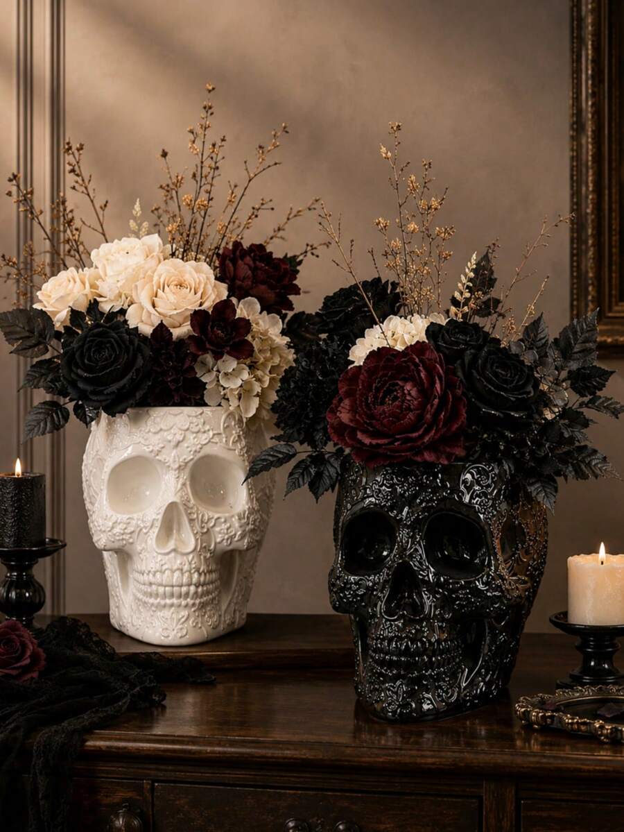 1pc Gothic Floral Embossed Skull Shaped Vase, Multi-Functional Makeup Brush & Pen Holder, Halloween Home Decor Desktop Ornament - Patterned Skull - View 1