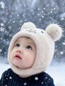1pc Minimalist Bear Design Plush Knitted Beanie Hat, Suitable For Baby Boys In Autumn/Winter - 1PC - View 3
