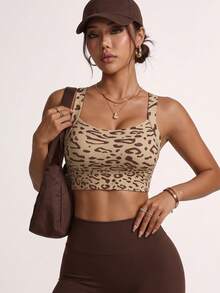 Women's Contrast Leopard Print Yoga Sports Bra, Sexy Sheer Breathable Moisture-Wicking Fabric Spring Fall - Brown - View 4