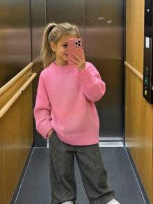 1pc Girls Big Tween Girl Round Neck Chunky Knit Sweater, Loose Lantern Long Sleeve, Ribbed Cuffs, Soft All-Match Versatile Style - Pink - View 2