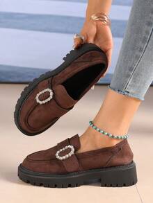New Women's Rhinestone Decorated Suede Solid Color Retro Loafers Thick Platform Serrated Sole Slip-On Wedge Heels Fashion Versatile - Brown - View 3