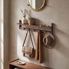 OUKANING Vintage Wall Mounted Coat Rack With Storage Shelf, 73.5cm Wood Iron Entryway Hook Rack With 5 Hooks For Hallway Kitchen Bedroom - View 1