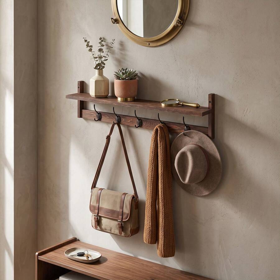 OUKANING Vintage Wall Mounted Coat Rack With Storage Shelf, 73.5cm Wood Iron Entryway Hook Rack With 5 Hooks For Hallway Kitchen Bedroom - View 1