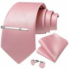 Men's Formal Tie 4-Piece Set, Light Pink Solid Color Pocket Square, Cufflinks, Silver Tie Clip, Banquet Accessories - Pink - View 2
