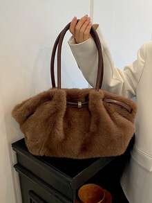 Soft Fuzzy Plush Tote Bag, Winter Retro Shoulder Bag, Large Capacity Handbag With PU Leather Handles Suitable For Office Shopping Daily Used Commuting - Coffee - View 6