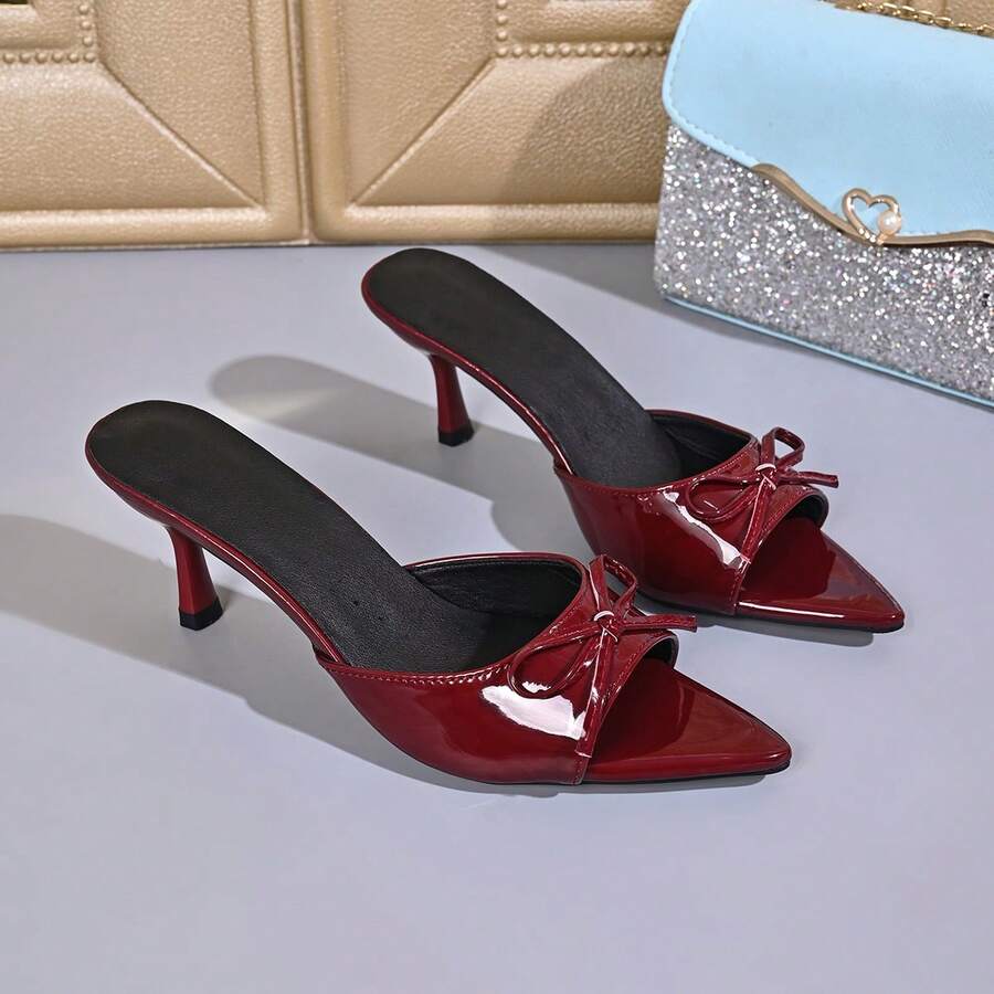 Women's Pointed Toe Stiletto High Heel Mule Sandals, Suede One-Strap Open Toe Open Back Slip-On Slides, Solid Color Fashion Party Banquet Dress Shoes, Summer - Burgundy - View 1