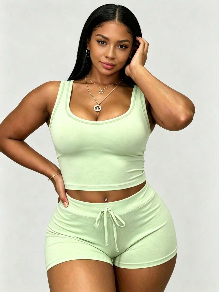 LovelyWholesale Women's Solid Color Round Neck Tank Top And Drawstring Shorts 2 Pieces Set, Summer, Aesthetic Elegant