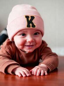 1pc Baby Letter Print Knit Hat, Newborn Hospital Hat, Suitable For Baby Boys And Girls Daily Warmth And Protection - Pink - View 2