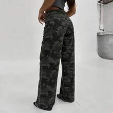 Women Dark Wash Side Button Baggy Wide Leg Jeans High Waist Y2K Oversized Denim Trousers Street Pants - Camouflage - View 4