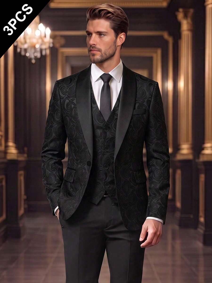 Men's 3 PiecesGentleman Jacquard Formal Vest Suit Set, Suitable For Daily Wear, Parties, Banquets, Weddings, Casual Commuting - Black - View 1