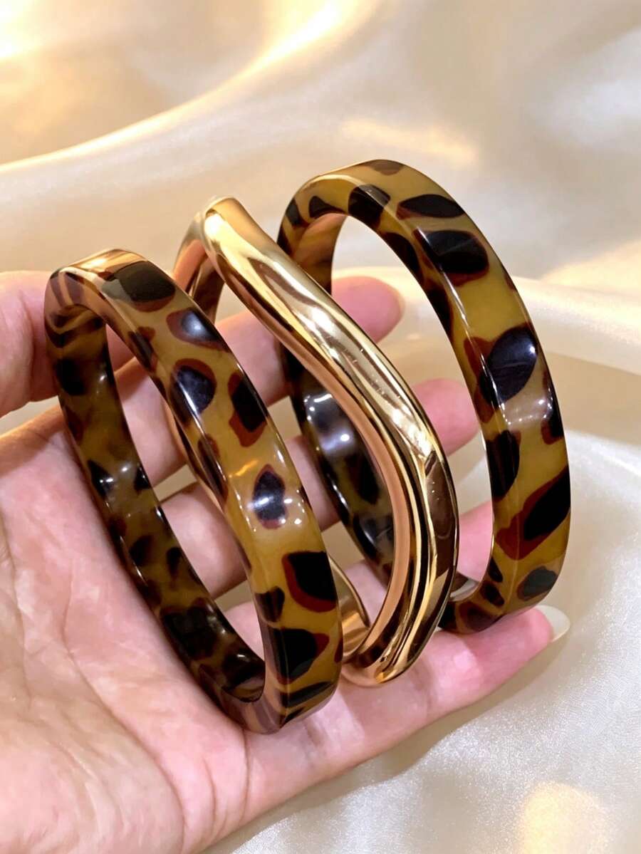 3pcs Set Fashion Vintage Thick Multicolor Asymmetrical Acrylic Bangle Set, Suitable For Women, Daily Wear, Gift For Friends And Family - Multicolor - View 1