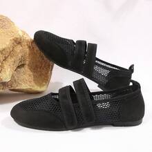 Women's Square Toe Mesh Flat Mary Jane Shoes, Double Strap Design, French Gentle Style, Breathable Spring Summer Daily Wear - Black - View 8