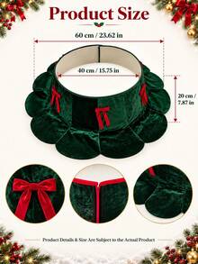 1pc Deep Green Velvet Bow Christmas Tree Collar, 60cm Elegant Wavy Edge Tree Skirt Base Cover, Luxury Christmas Tree Bottom Decoration, Suitable For Christmas Party, Holiday Home And Living Room Decor - Dark Green - View 3