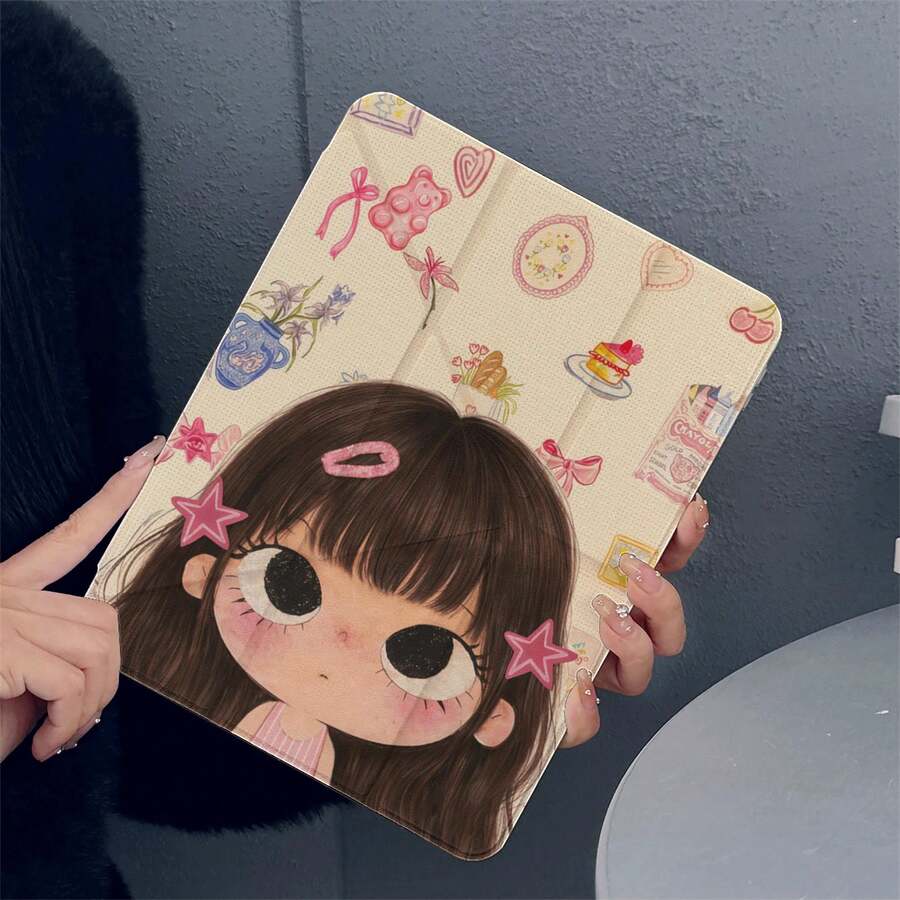 1件可愛大眼女孩復古蛋糕軟糖熊花卉平板保護殼，附筆槽與自動休眠/喚醒功能，適用於 iPad PRO/AIR、、小米 Pad 5/6/21、Oppo Pad、華為 Matepad、榮耀 Pad