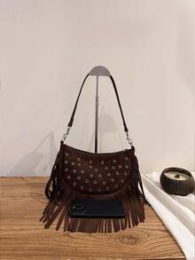 Shoulder Bag With Semi-Circular Body, Decorated With Tassels And Metal Eyelets, Adjustable Strap For Shoulder Carry. Moderate Capacity To Store Essential Personal Items, Unique Vintage Style Suitable For Daily Outings, Effortlessly Enhancing Overall Outfit Style. - Coffee Brown - View 6
