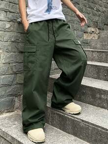 Men's Loose Straight Leg Cargo Pants, Classic Street Style Essential, Side Large Pockets And Mini Label Decoration, Suitable For Vacation And Daily Street Wear - Army Green - View 5