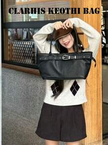 Minimalist Tote Bag With Belt Buckle, Side Adjustable Buckle Decor Design, Rounded Thickened Handle, Open Large Capacity Body, Sleek Fluid Silhouette, Suitable For Commuting And Daily Outings, Creating A Cool Relaxed Atmosphere Outfit - Black - View 3