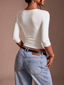 Women's Solid Color Deep V-Neck Ruched Slim Fit Versatile Casual Top - White - View 2