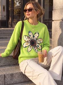 Women's Green Ribbed Knit Polyester Long Sleeve Pullover Sweater, Bright Floral Pattern, Suitable For Autumn/Winter Casual Daily Wear - Green - View 3