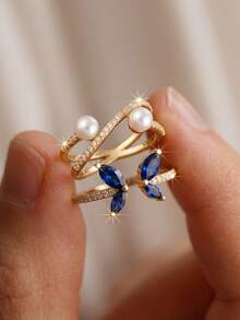 2pcs Fashion Cubic Zirconia Blue & Gold Butterfly Women's Decorative Adjustable Rings - Blue and Gold Set - View 4