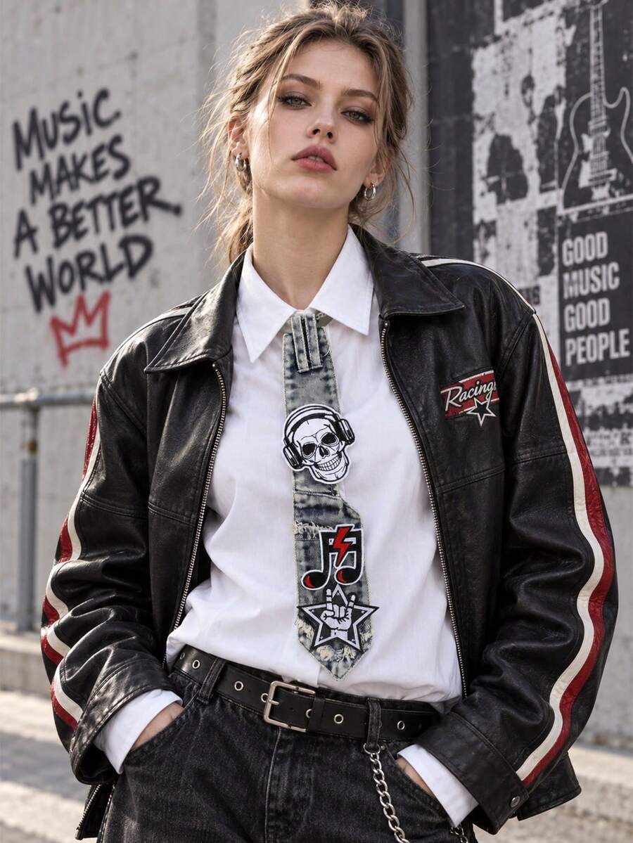 1pc Washed Distressed Denim Skull & Music Note Embroidered Chain Design Women Street Punk Shirt Decorative Tie - Multicolor - View 1