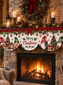 Christmas Fireplace Mantel Scarf, 2026,Red Green Buffalo Plaid Polyester Scalloped Valance With Merry Christmas Lettering Tree Lantern Gift Pine Garland Print, Rustic Holiday Fireplace Decor For Living Room - Multicolor - View 7
