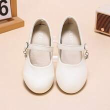 White Minimalist Girls' Princess Shoes, Fine Glossy Material, Single Strap Hook And Loop With Rhinestone Pendant. Low Heel Design For Stable Walking, Round Toe To Protect Toes, Soft And Comfortable Lining. Suitable For Performances, Weddings, Parties, Clean And Versatile. - White - View 3
