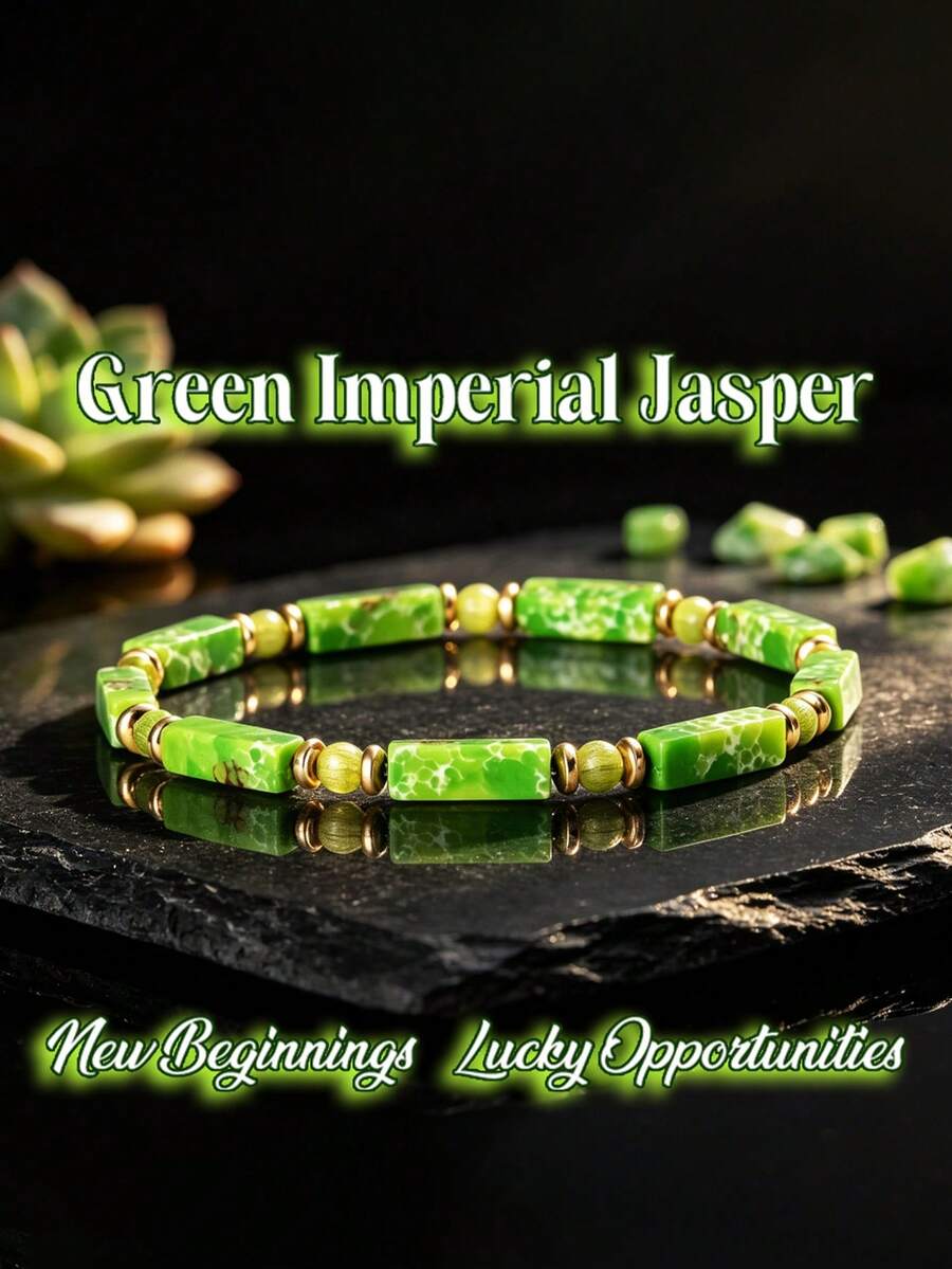 YAUKIA Natural Green Imperial Jasper Beaded Bracelet, Boho Minimalist Stackable Rectangle Beads, New Beginnings Gift For Daily Wear, Year-Round Present - Multicolor - View 1