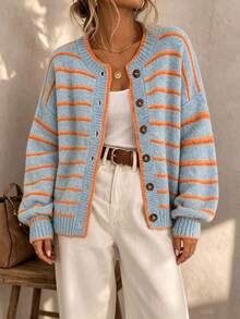 Plus Size Women's Round Neck Single Breasted Contrast Color Striped Lantern Sleeve Knit Cardigan, Loose Casual Versatile Autumn/Winter Retro Street Commute Style - Multicolor - View 5