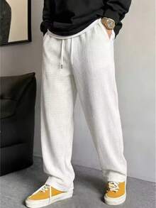 Men's Knit Textured Pleated Casual Pants, Elastic Waist With Drawstring, Straight Leg, Loose Fit, Draped Slimming Wide Leg Pants, Daily Commute Streetwear Versatile Casual Sports Long Pants - White - View 3