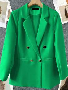 Spring/Summer Women's Solid Color Long Sleeve Double-Breasted Blazer, Notched Collar | Suitable For Dating, Parties, Outings And Holiday Celebrations - Emerald Green - View 3