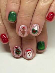 24pcs Cute Square Press On Fake Nails Red And Green Short Nail Cartoon Gingerbread Man And Santa Claus Print Nails Christmas Nails - Multicolor - View 1