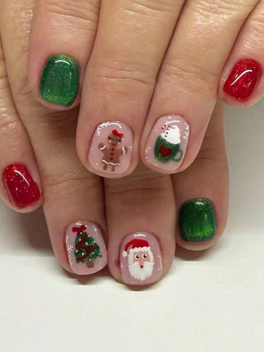 24pcs Cute Square Press On Fake Nails Red And Green Short Nail Cartoon Gingerbread Man And Santa Claus Print Nails Christmas Nails - Multicolor - View 1
