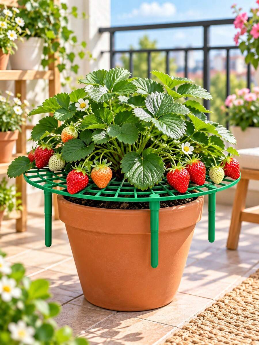 Green Plastic Strawberry Support Stand, Circular Grid Platform With 4 Legs For Garden Beds Pots - A - View 1