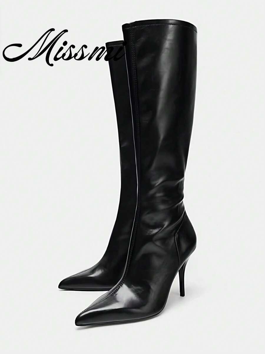 New Pointed Toe High Heel Tall Boots Vintage Style Wide Shaft Knee-High Stiletto Heel Riding Boots - Black - View 1