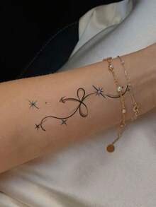 1pc Temporary Tattoo Sticker, Minimalist Line Bow Starlight Pattern, Realistic Fake Tattoo Design, For Daily Wear, Bachelorette Party Favors, Music Festival, Game, Graduation Gift, Lasts 3‑5 Days - Multicolor - View 5