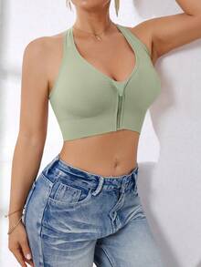 Women's High Intensity Front Zip Seamless Wireless Sports Bra, Suitable For Summer, Winter, Autumn And Spring - Mint Green - View 8
