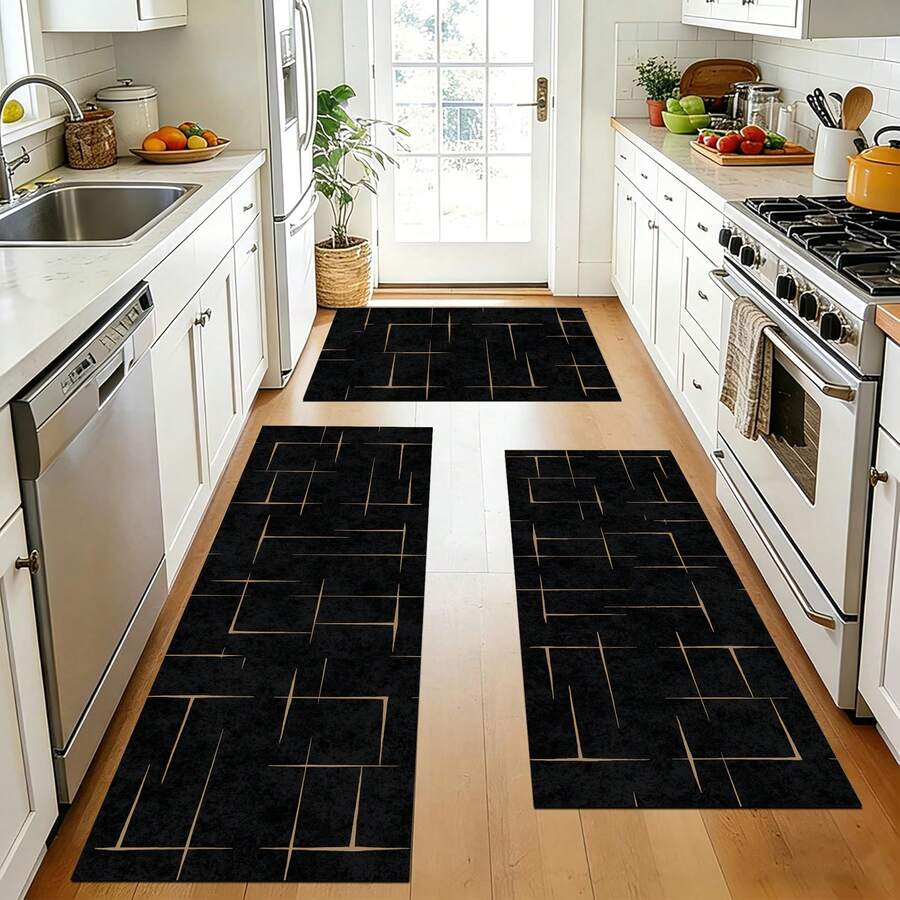 1pc Black Geometric Pattern Kitchen Floor Mat Silicone Carpet, Absorbent Non-Slip Quick Dry Bathroom Rug, All Season Door Mat Room Decor, Indoor Multi-Functional Foot Pad - Multicolor - View 1