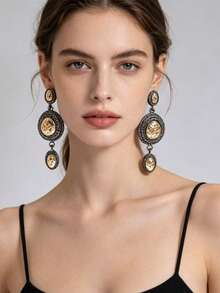Anting Panjang Elegan Bergaya Vintage Eropa dan Amerika dengan Hiasan Berlian Imitasi Tebal dan Motif Koin Emas Timbul - Gun Black - View 2