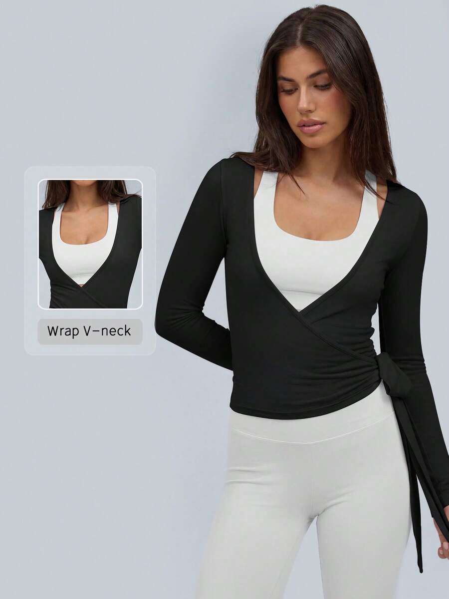 NcmRyu Baju Terusan Wanita 1 Potong Warna Polos Model Lilitan Leher V Silang Samping dengan Simpul Ikat Panjang Pas Badan Lengan Panjang - Hitam - View 1