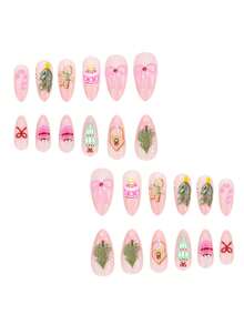 24pcs Christmas Almond Shaped Press-On Fake Nails, Cute Gingerbread Man Christmas Tree Candy Bow Ball Design, Christmas Atmosphere Fake Nails, Suitable As Gift For Family And Friends - Multicolor - View 3