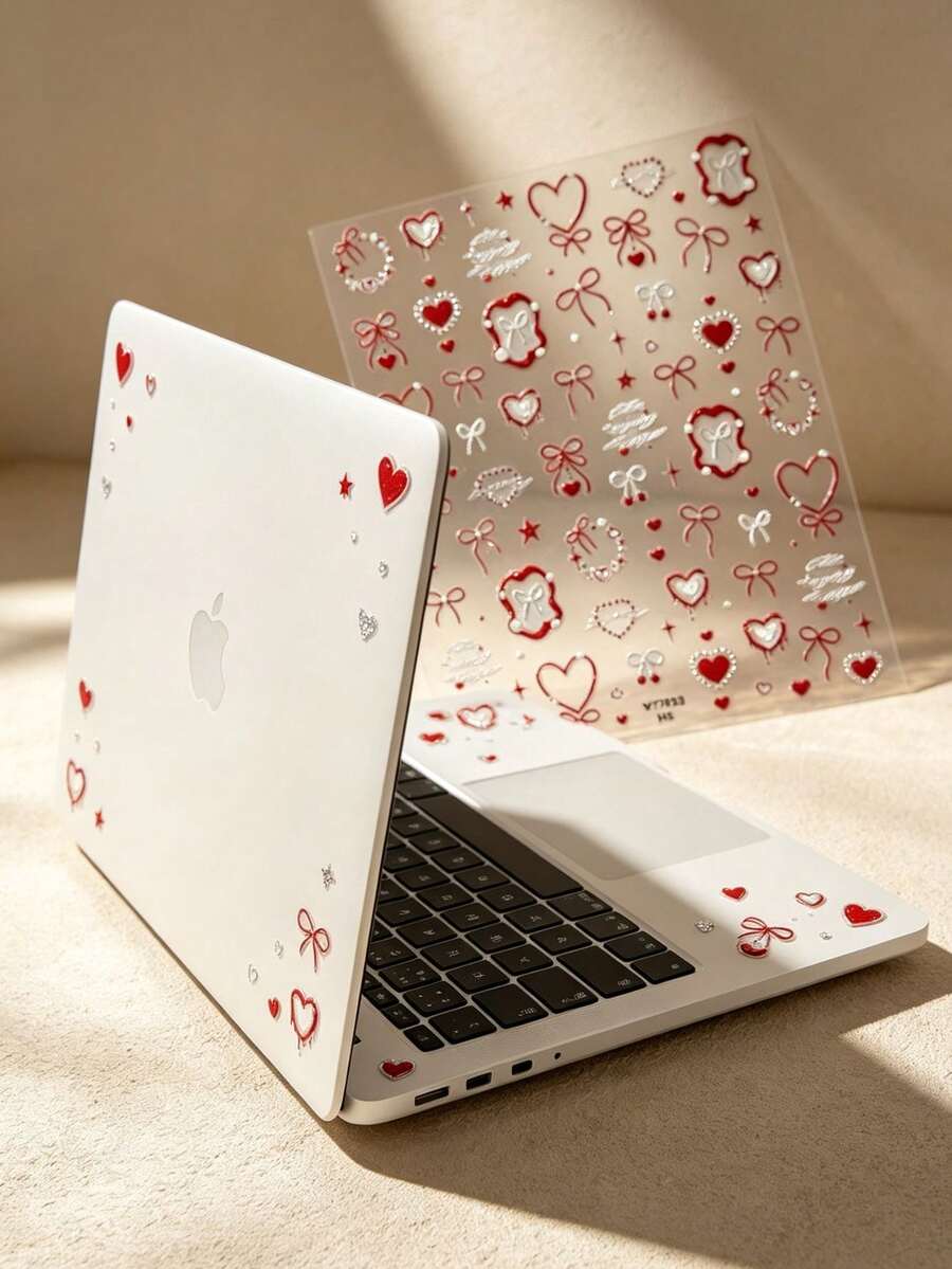 1 Set d'autocollants de style doux, beaux motifs romantiques de cœur rouge et de nœud, convient pour décorer les coques de téléphone, les appareils photo, les bouteilles d'eau et les accessoires électroniques - Autocollant nœud papillon cœur vintage rouge - Voir 1