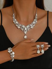 Women's Jewelry Necklace Earrings Bracelet 3pcs Set Geometric Pattern Elegant Wedding Season Accessories - White - View 2