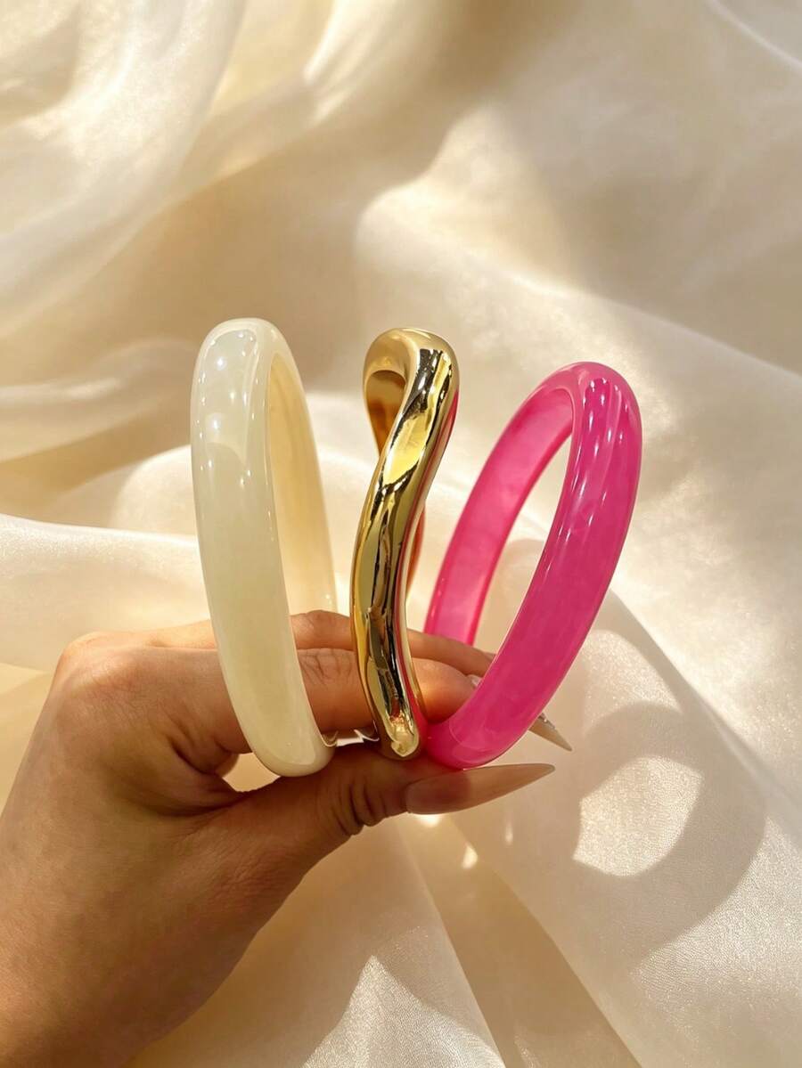 3件組時尚復古粗款多色不對稱壓克力手環套組,適合女性日常配戴,送給朋友與家人的禮物 - 彩色 - 查看 1