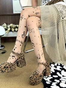 1 Pair Musical Note Print Tights For Women, Sheer High Waist Stretch Pantyhose, Cute Y2K Stockings For Fall Winter Party, Cosplay & Daily Wear - Multicolor - View 5