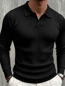 Men's Autumn/Winter Fashion Ribbed Shoulder Polo Collar Long Sleeve Sweater, Business/Casual Essential - Black - View 3